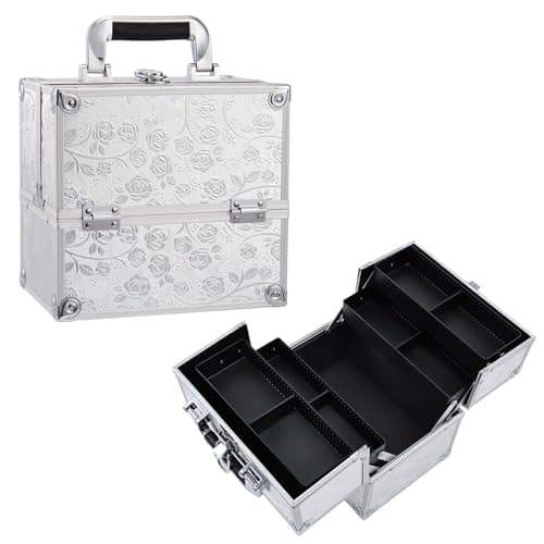 Image of Professional Beauty Vanity Case Cosmetic Makeup Box Nail Polish Storage Beauty Train Case Lockable with Keys(Silver Rose)