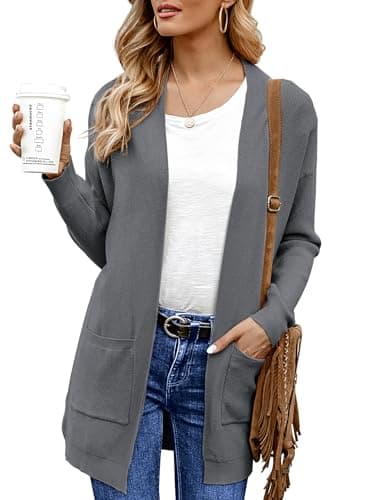 Image of IWOLLENCE Womens Long Knit Cardigans for Women Ladies Long Sleeve Soft Winter Fleece Jumpers Cardigan with Pockets (Dark Grey, L)