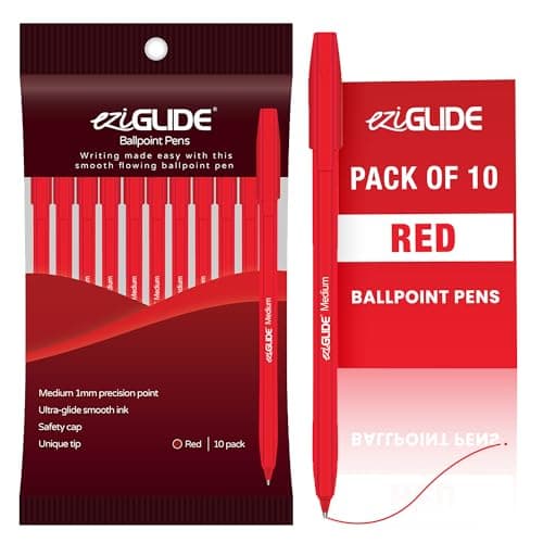 Image of Eziglide 10-Pack Ballpoint Pen Set, Red - Smooth Writing Action-Medium Point 1.0mm, Multipack - Ideal Pens for School, Home or Work Stationery Supplies