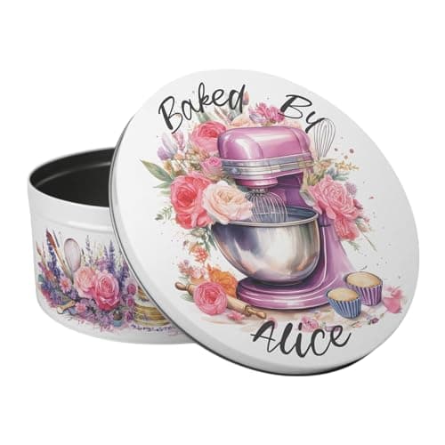 Image of Purely Home Pink Roses Personalised Cake Tin - Kitchen Mixer Baking Gifts for Her - Large Round Metal Kitchen Storage Container 23 x 10cm