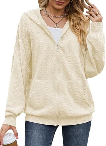Image of PANOZON Women's Zip Up Hoodies Long Sleeve Sweatshirts with Pockets Casual Ladies Spring Fall Thin Zipper Jacket Beige L