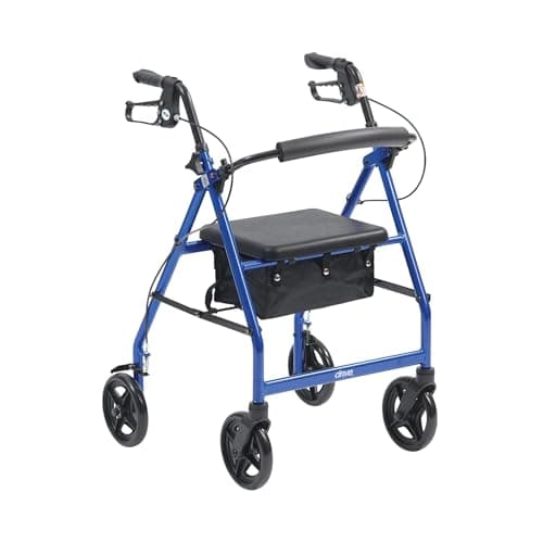Image of Drive Medical Blue 4 Wheel Walker Folding Rollator with Padded Seat, Locking Brakes, Height Adjustable Handles and Underseat Bag