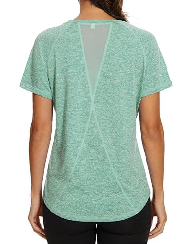Image of Gyabnw Ladies Gym Tops Women Short Sleeve Casual Workout Yoga Running Top Crew Neck Back Mesh Fitness Athletic Tee Shirts Green