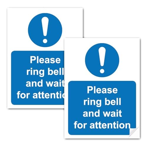 Image of SAFESIGN (2 Pack) Please Ring The Bell And Wait For Attention Vinyl Sign Stickers 200 X 150mm - Conforms to EN ISO 7010:2012