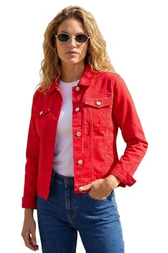 Image of Roman Originals Stretch Jacket for Women UK - Ladies Denim Jean Summer Coat Bengaline Casual Smart Utility Trucker Biker Fitted Classic Work Spring Soft Vintage - Red - Size 10
