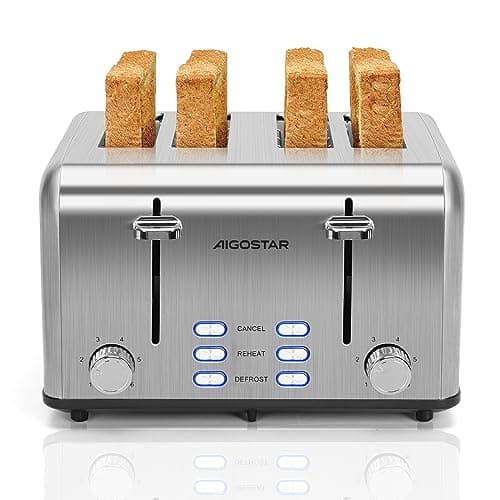 Image of Aigostar Toaster 4 Slice Stainless Steel Toaster with Independent and Extra-Wide Slots, High Lifting, Defrost & Reheat Functions, Variable Browning Settings, Silver - Gordon 30ZGE