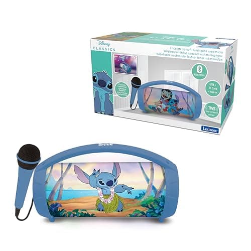 Image of LEXIBOOK, Disney Stitch, Wireless light speaker with microphone, Stereo sound, Karaoke function, USB and SD card ports, Rechargeable battery, Handle to carry everywhere, Blue, BTP585DZ