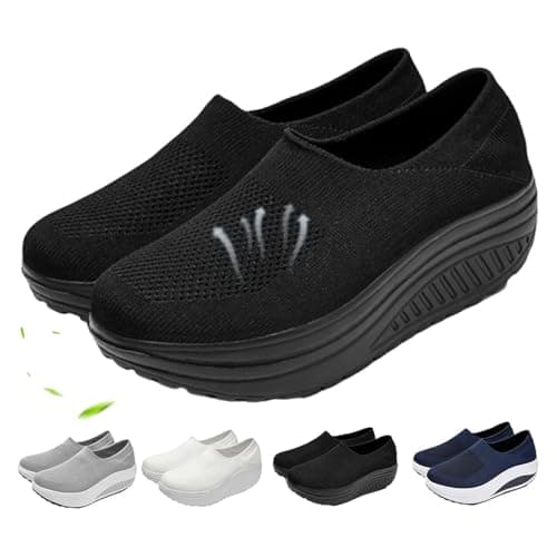 Image of Orthopedic Shoes for Women Wide Fit, Rocker Bottom Shoes Slip-On Mesh Up Stretch Platform Orthopedic Sneakers Comfortable Walking Loafers (Black,3)