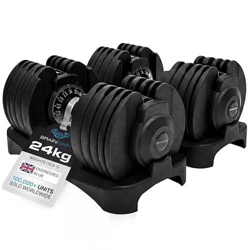 Image of BRAINGAIN 15 in 1 Adjustable Dumbbells 24kg Pair, Quick Change Weights, Space Saving Home Gym Set, Secure Locking System, Non Slip Grip, Includes Storage Dock