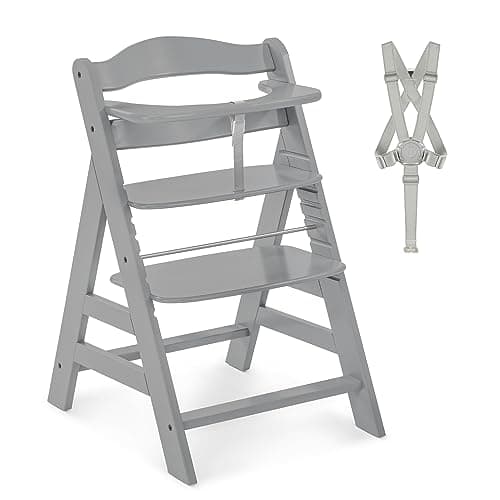 Image of hauck Alpha+, Grey - Wooden High Chair 6 Months to Adult Sustainable FSC® Certified Beechwood Toddler Feeding and Entertainment Chair, Inclusive 5-Point Harness Bumper Bar Crotch Strap