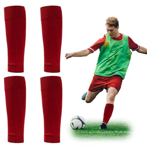 Image of SKHAOVS 2 Pairs Football Sock Sleeves, Elastic Soccer Shin Guards, Leg Sock Sleeves for Men, Football Running Or Training Beginner (red)