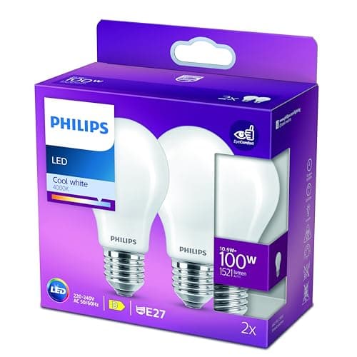 Image of Philips LED Classic A60 Frosted Light Bulb 2 Pack [E27 Edison Screw] 10.5W - 100W Equivalent, Cool White 4000K, Non Dimmable