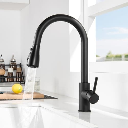 Image of DERW Black Kitchen Tap, Kitchen Mixer Taps with Pull Out Sprayer, Swivel Spout with 3 Modes Spray, Stainless Steel Construction, Single Handle for Easy Control, Anti-Burst Hose, Quick Installation