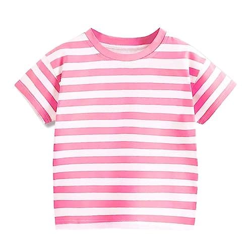 Image of Cozozn Girls' Short Sleeve Striped T Shirt Cotton Kids Crew Neck Tees Tops, Pink and White Stripes, 10-11 Years