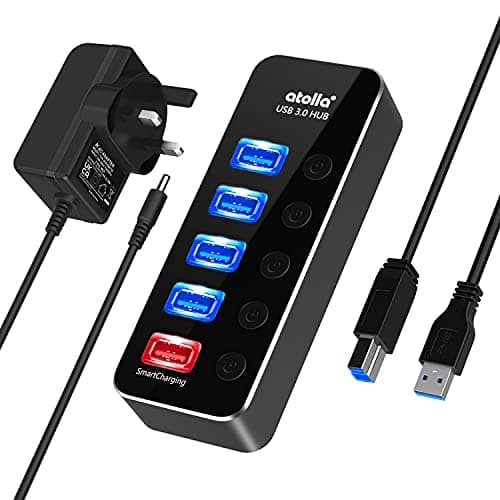 Image of Atolla Powered USB Hub - 4-Port USB 3.0 Data Hub + 1 Smart Charging Port, Aluminum Splitter With 5V/3A Power Adapter, Individual On/Off Switches, 39-inch Detachable Extension Cord