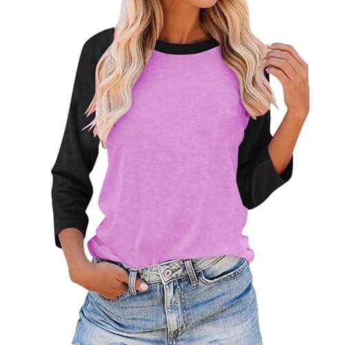 Image of 3/4 Raglan Sleeve T-Shirts for Women Casual Loose-Fit Crew Neck Baseball Tee Shirts Summer Fall Tshirt Basic Colour Block Pullover Tops Blouses Buy Again Previous Orders Purple