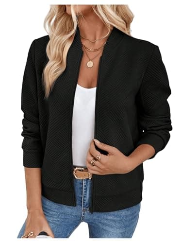 Image of GORGLITTER Women's Textured Zip Up Bomber Jackets Baseball Collar Long Sleeve Lightweight Outwear Coats Black Small