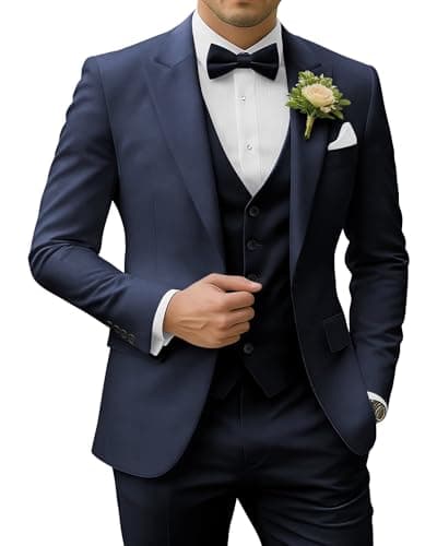 Image of SPTALLFITJSV Men's 3 Piece Suits Slim Fit Peak Lapel 2 Button Blazer Jacket Vest Pants Set Wedding Business Prom Party Suit, Navy Blue, 4XL