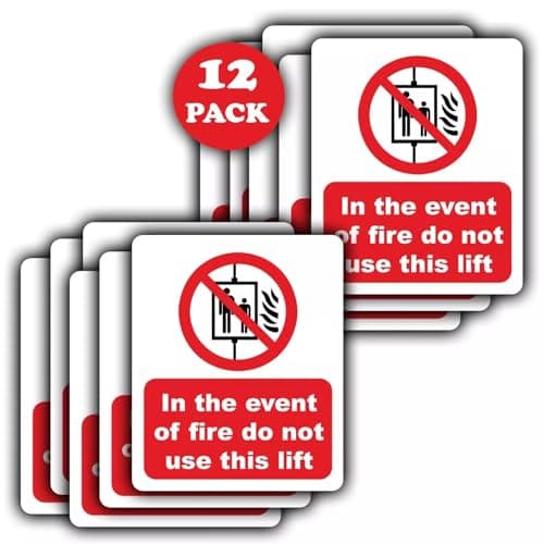 Image of 12-Pack in The Event of Fire Do Not Use This Lift Vinyl Sticker Notice Signs - Water/Weather Proof/Long Lasting