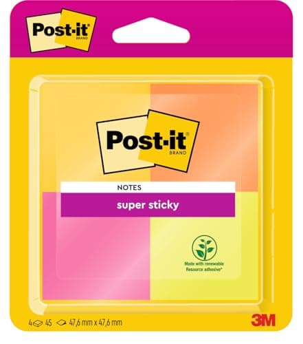 Image of Post-it Super Sticky Notes, 180 Sheets, Pack of 4 Pads, 47.6 mm x 47.6 mm - Holds Strong to Many Surfaces - Green, Orange, Pink, Yellow - For Walls, Monitors and Fridge, Recycable