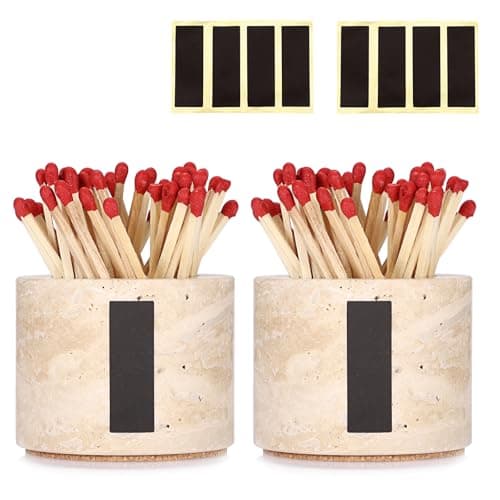 Image of BSTKEY 2 Pc Travertine Stone Match Holders with 2 Strikers, Decorative Beige Small Matchstick Organizer Match Storage Cup for Fireplace Candles (No Matches)