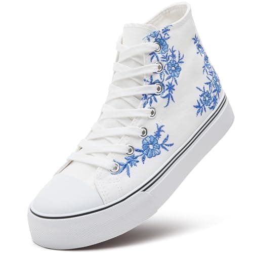 Image of ZGR Womens High Top Canvas Sneakers,Lace-up Canvas Shoes,Casual Tennis Walking Shoes, Blue&white Embroidery, 6 UK