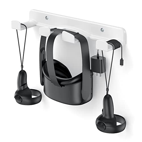 Image of HomeMount VR Wall Mount for Oculus Quest 2/Rift, Valve Index, HTC Vive, PSVR - Space-Saving Headset & Controller Hanger with Rounded Corners (White)