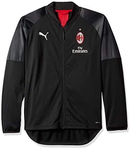 Image of PUMA Men's AC Milan Stadium Poly Jacket with Sponsor Logo Insulated Black/Tango Red, Small