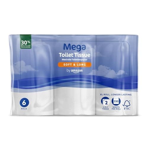 Image of By Amazon Mega Toilet Roll, 2-Ply, Soft and Long, 6 Rolls (1 Pack of 6), 330 Sheets per Roll - Extra Long Roll, Lasts Longer