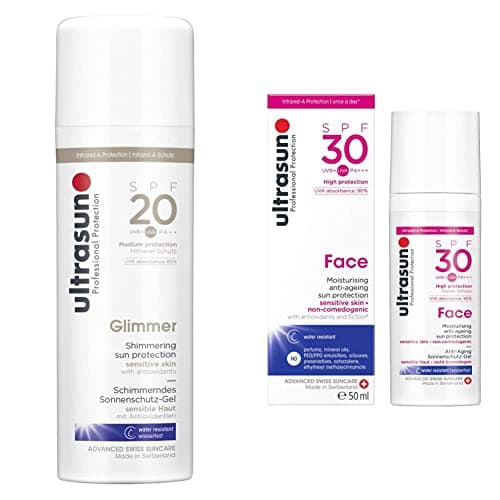 Image of ultrasun SPF20 Glimmer Sensitive Formula All Day Sun Protection Lotion, 150 ml & Face Anti-Ageing Sun Protection SPF30, 50 ml