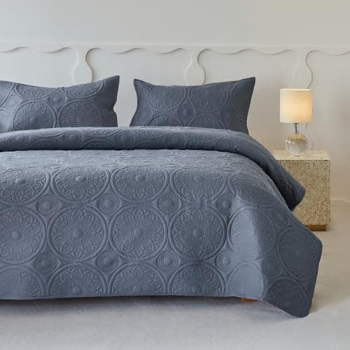 Image of Simple&Opulence Quilted Bedspreads Double Size-3 Pcs Soft Reversible Microfiber Bed Spread Coverlet,Floral Embossed Bed Throw Set with 2 Pillowcases for Bedroom Decor,220x240cm,Blue Grey