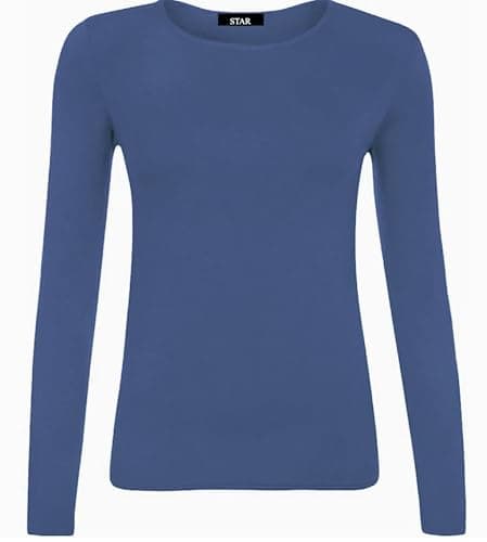 Image of Womens Long Sleeve Round Neck Plain Basic Ladies Stretch T-Shirt Top 8-26 (Navy, 20-22)