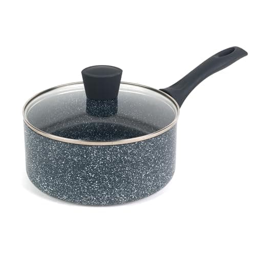 Image of Russell Hobbs RH00846EU Nightfall Stone Non-Stick Saucepan - Pressed Aluminium Milk Saucepan with Tempered Glass Lid, 20cm/2.6L Sauce Pot for Induction, Small Cooking Pot with Soft Bakelite Handle