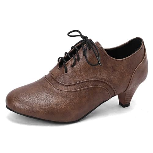 Image of 2026 Womens Ankle Boots Women's Leather Handmade Square Toe Lace Up Side Zip High Chunky Heel (Brown, 7)