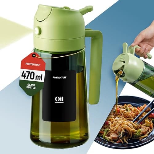 Image of PORTENTUM Olive oil spray bottle for cooking 16oz/470ml 2 in 1 spray and pour function – Anti drip green glass bottle dispenser with light protection – Multilingual labels – Air fryer salads grilling