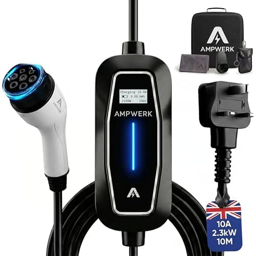 Image of EV Charger Type 2 to 3 Pin Plug 10M | Ampwerk® 2.3kW 10A Portable EV Charger Cable IP65 | 8-Hour Timer & Safety Protection | Carry Bag Included | Designed by Ampwerk® in the UK