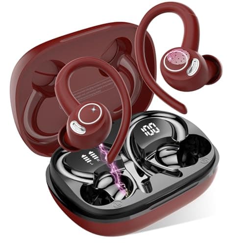 Image of Jesebang Wireless Earbuds, Bluetooth 5.3 Headphones, Wireless Earphones HiFi Stereo Sound with ENC Mic, Sport Headsets in Ear EarHooks for Running, 40H Dual LED Display, IP7 Waterproof, Elegant Red