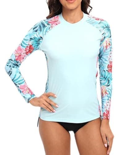 Image of SURFEASY Womens Rash Vest Long Sleeve Ladies Sun Protection Swim Shirt Rash Guard Tops Swimsuit (Light Blue Floral,M)