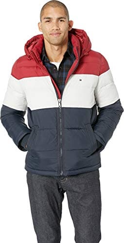 Image of Tommy Hilfiger Men's Down Alternative Hooded Puffer Jacket (Standard and Big & Tall) Coat, Red/White/Midnight, XS