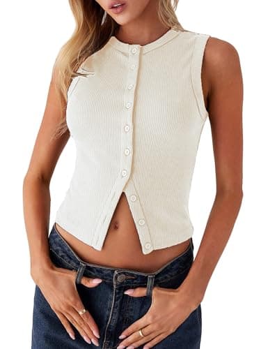 Image of Women Button Down Knitted Vest Ribbed Crop Tank Tops Button Up Sleeveless Open Front Knit Shirts Sleeveless Slim Fit Dressy Top (Beige, M)