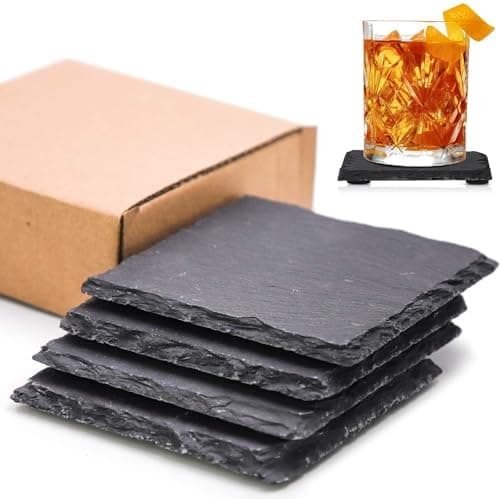 Image of LATERN 4Pcs Slate Drink Coasters, 10CM Square Black Stone Coaster Engravable Blank Slate Cup Coaster Natural Rough Edge with Anti Scratch Bottom for Drink Coffee Bar Kitchen Home Decor
