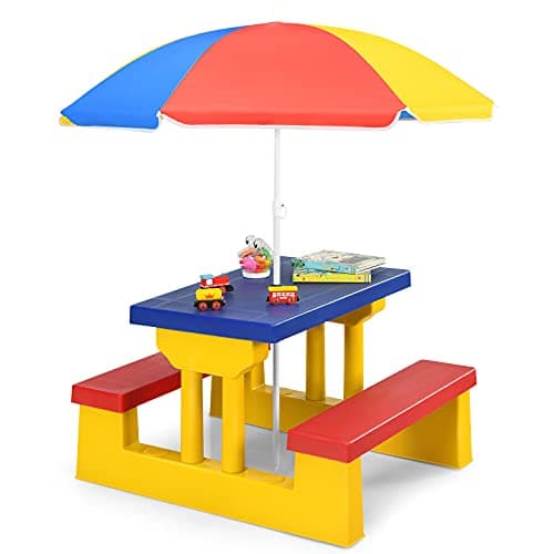 Image of Maxmass Kids Picnic Table Set, Indoor Outdoor Toddler Table with Bench & Removable Umbrella, Junior Activity Play Table Set for Garden, Backyard and Lawn (Yellow + Red + Blue)