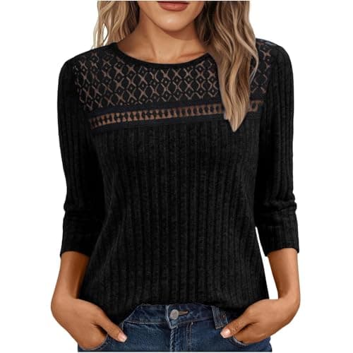 Image of Jumpers for Women UK Lace Ribbed Knit Sweater Casual 3/4 Sleeve Fashion Crew Neck Sweatshirts Elegant Ladies Jumper Women's Comfy Lightweight Pullover Tops Black