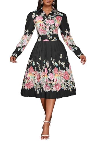 Image of VERWIN Lapel Three-Quarter Sleeve Knee Length Pleated Floral Women's Sheath Dress L Black