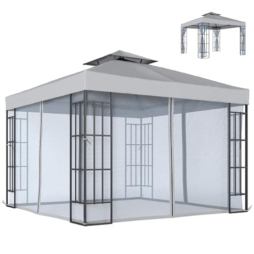 Image of Outsunny 3 x 3(m) Patio Gazebo Canopy Garden Pavilion Tent Shelter with 2 Tier Roof and Mosquito Netting, Steel Frame, Light Grey