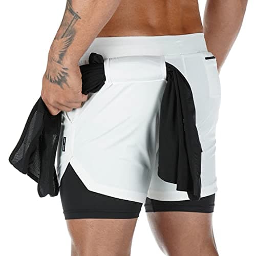 Image of Superora Mens Running Gym 2 in 1 Sports Shorts Breathable Outdoor Workout Training Shorts with Pockets White