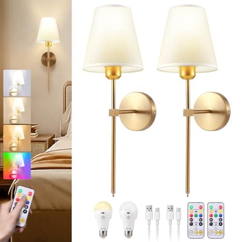 Image of Battery Operated Wall Sconces Set of 2, Rechargeable Wall Lights with 6 Colors RGB Dimmable Detachable LED Bulbs and Remote, Wireless Wall Lamp for Bedroom Living Room Hallway Decor, Not Hardwired