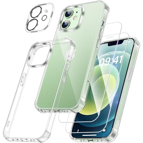 Image of FLLAO iPhone 12 Mini Case 5.4-Inch with 2 Pack Tempered Glass Screen Protectors + 1 Lens Protector, Anti-Scratch Shockproof Protection, Slim Anti-Yellowing Soft Bumper Cover, Clear