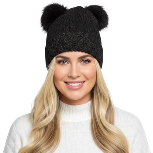 Image of A2Z Ladies Hat Ribbed Gold Lurex Knitted Twin Faux Fur Pom Pom - Hat LH1168 Black One Size