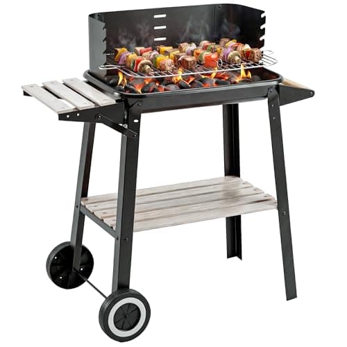 Image of Outsunny Trolley Charcoal BBQ Barbecue Grill Outdoor Patio Garden Heating Smoker with Side Trays Storage Shelf and Wheels